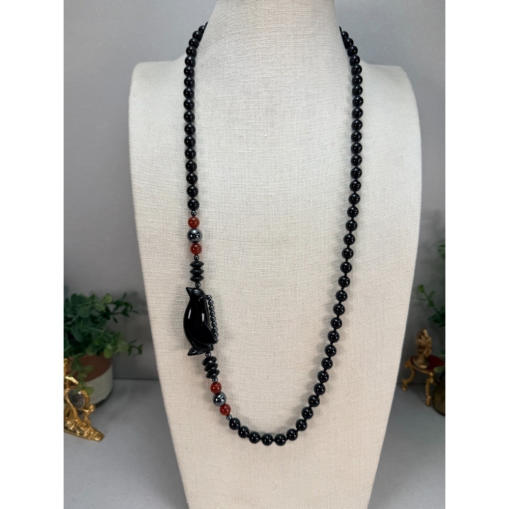 Unique Black Onyx Penguin Carnelian Hematite Statement Necklace